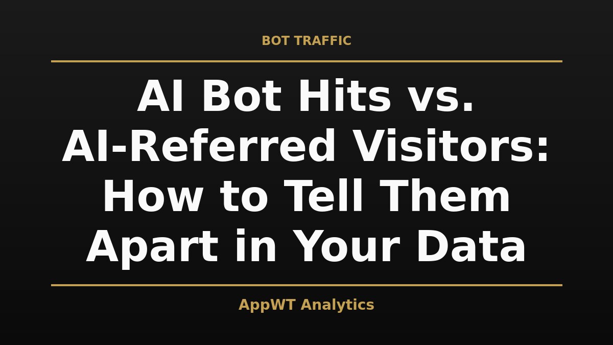 Black and gold title card reading AI Bot Hits vs. AI-Referred Visitors: How to Tell Them Apart in Your Data, with the AppWT Analytics name in gold along the bottom edge