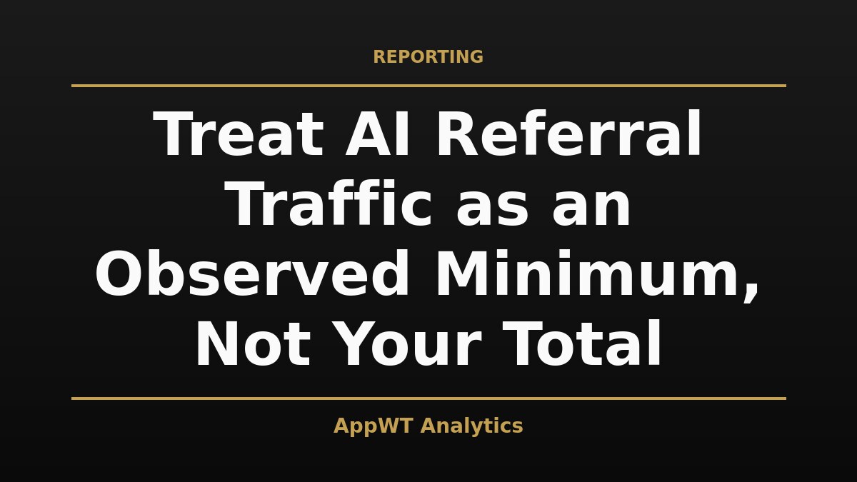 Black and gold title card reading Treat AI Referral Traffic as an Observed Minimum, Not Your Total, with the AppWT Analytics name in gold along the bottom edge