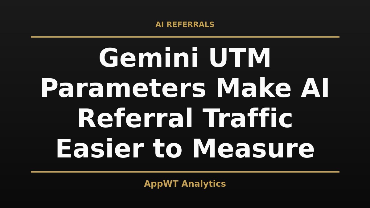 Black and gold title card reading Gemini UTM Parameters Make AI Referral Traffic Easier to Measure, with the AppWT Analytics name in gold along the bottom edge