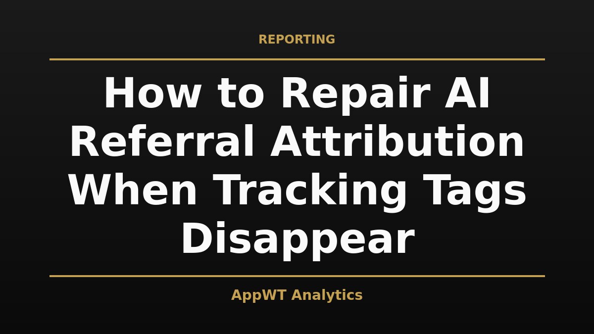 Black and gold title card reading How to Repair AI Referral Attribution When Tracking Tags Disappear, with the AppWT Analytics name in gold along the bottom edge