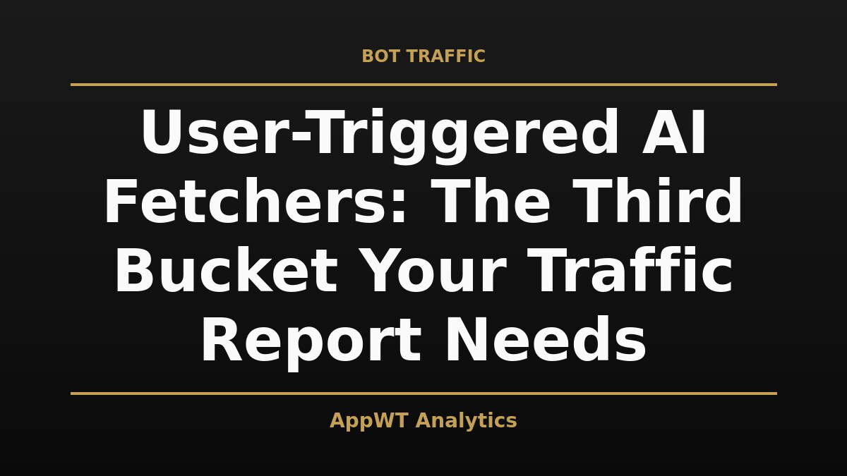 Black and gold title card reading User-Triggered AI Fetchers: The Third Bucket Your Traffic Report Needs, with the AppWT Analytics name in gold along the bottom edge